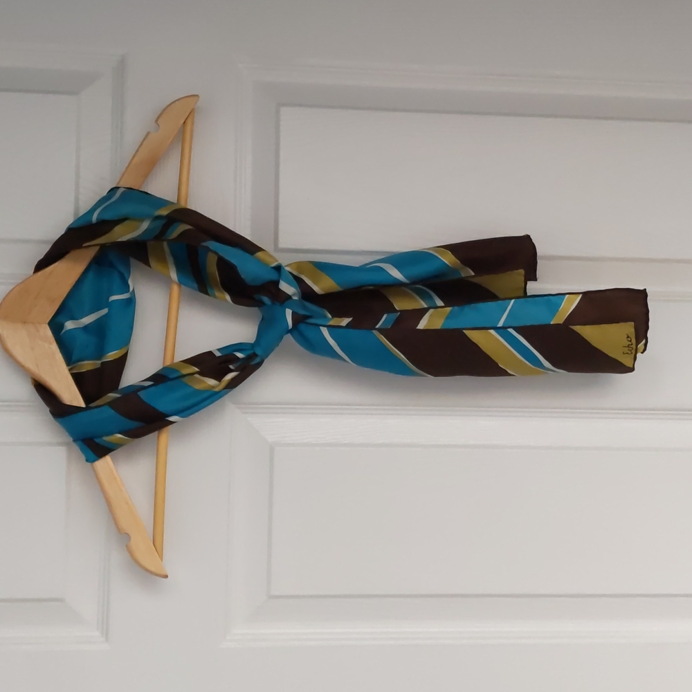 Oblong Silk Scarf, Echo, 59" by 9.5", Brown, Teal,